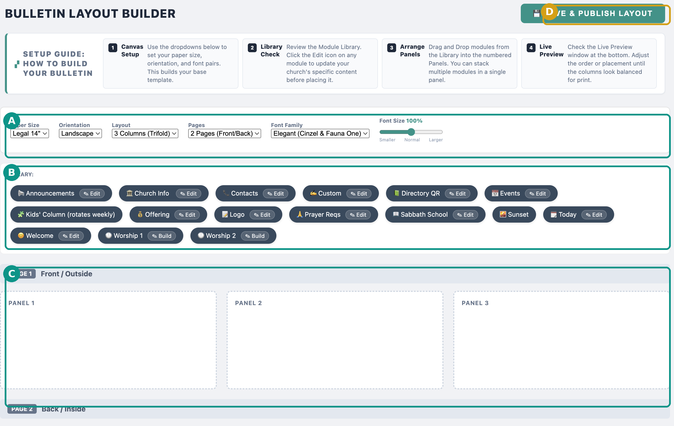 Sabbath Stream Bulletin Layout Builder, annotated: A canvas controls, B module library, C panels, D save and publish
